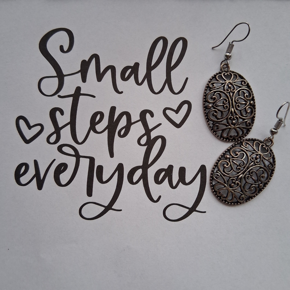 Filigree Oval Dangle Earrings - Silver Tone